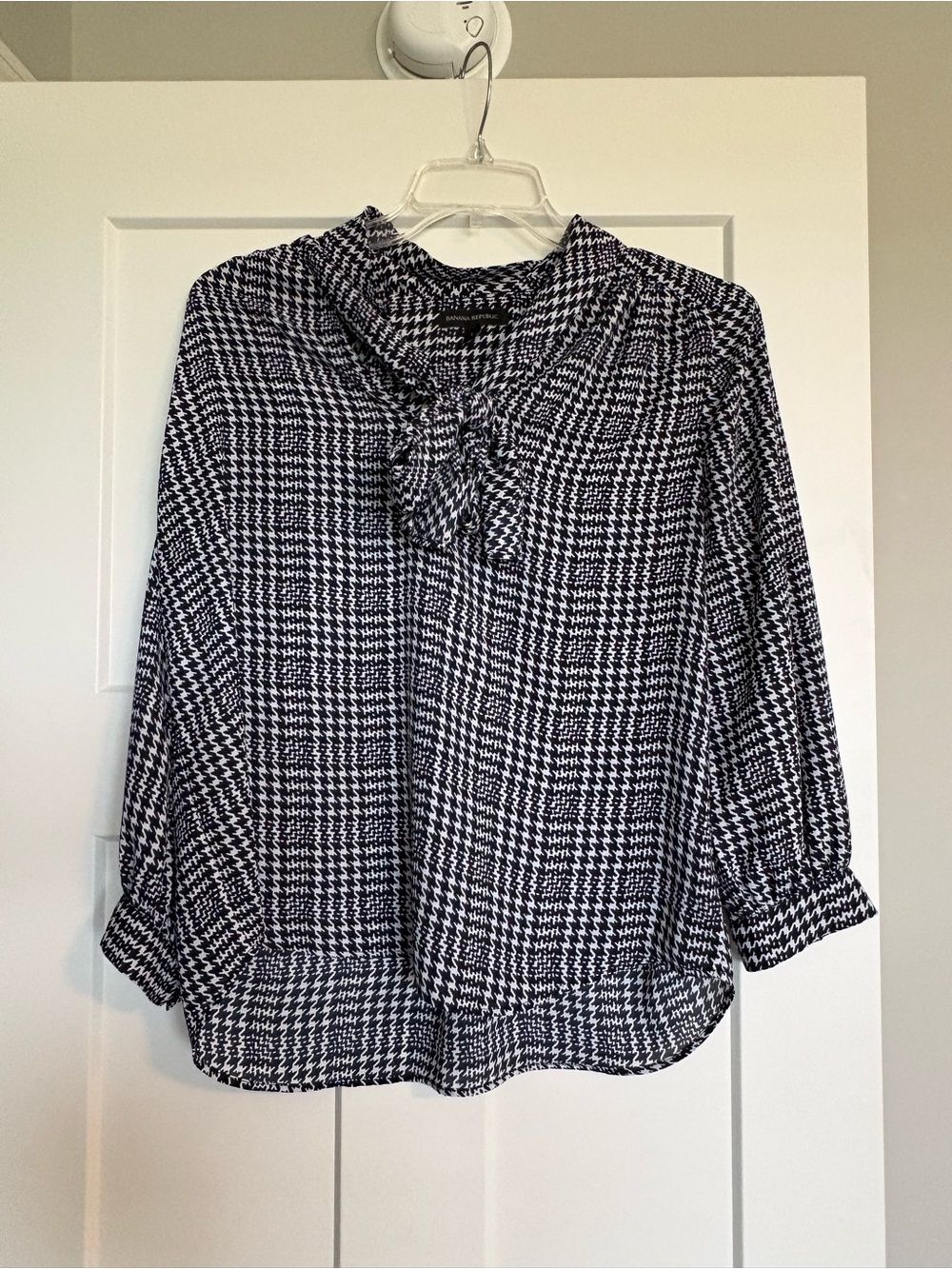 Banana Republic Black and White Houndstooth Tie-Neck Blouse